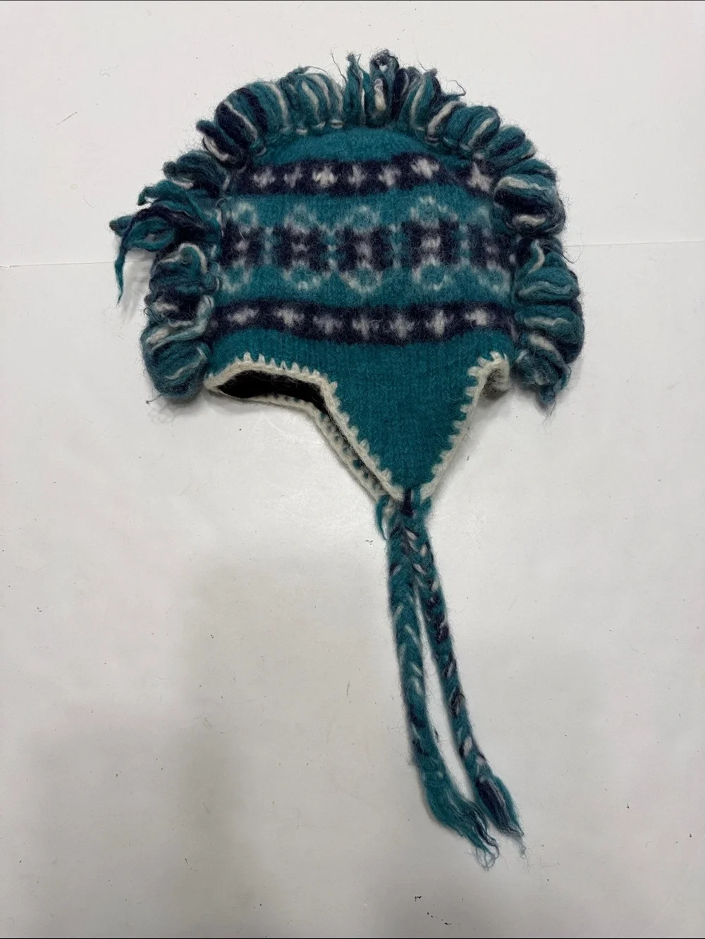 Teal Knit Earflap Hat for Kids with Fringe and Braided Ties